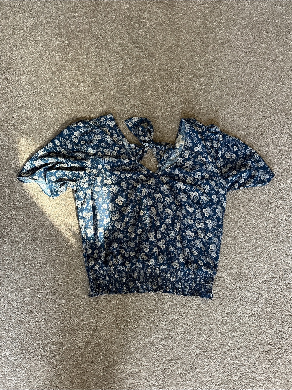 nine britton Blue Floral Tie-Neck Peasant Blouse